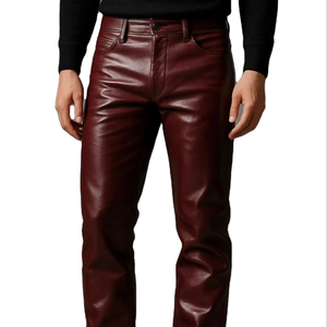 Pantalones de Cuero de Cordero Borgoña para Hombre, Pantalones de Cuero Rojo, Pantalones de Motociclista de Cuero de Cordero Genuino, Venta al por Mayor Personalizable - Product Image 3