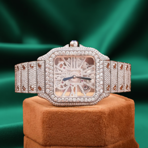 Reloj de Lujo PJ con Esqueleto y Moissanita Cuadrada, Tono Oro Rosa, Acero Inoxidable, Cristal de Zafiro, Resistente al Agua, Automático, de Vestir - Product Image 1