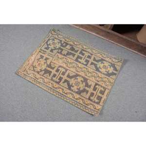 Vintage Turkish Small Eco-Friendly <b>Wool</b> Rug 1.6x2.1 ft (48x65 Cm) <b>Brown</b> Patchwork Latex Backing - Product Image 3