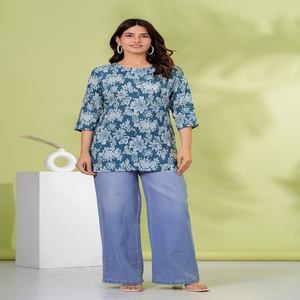 Kurta de Algodón con Estampado Floral Azul para Mujer, con Pantalones Palazzo, Corte Holgado, Estilo Informal, Largo Regular, para Todas las Temporadas, Estilo Indio - Product Image 1