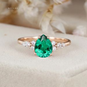 Estilo Art Deco 8*6mm corte de pera anillo de compromiso de Esmeralda cultivada en laboratorio en plata de ley 925 forma de pera anillo solitario anillo de bodas - Product Image 1