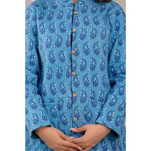 <b>Feather</b>-Decorated Women's Short Blue Quilted Jacket-Boho Style Floral Pattern Winter Coating XL Size - Product Image 6