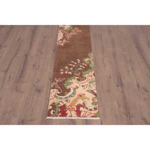 Turkish Rug, 1.6x9.8 ft Vintage Rug, <b>Brown</b> Check <b>Wool</b> Rug - Product Image 2