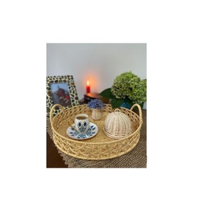 Plateau en rotin de bambou fait main plateau en rotin avec poignée tissé à la main rond haut mur plateaux de séparation des aliments multi-usages - Product Image 1