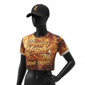 Women Fashion Crop Top T Shirt Premium 180 GSM Lightweight Polyester Athletic Fabric Brown Yellow Printed Logo women's shirt - Product Image 1