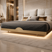 Solution de mobilier de chambre à coucher en bois flottant LED de luxe sur mesure : Lit moelleux, Armoire, Matelas, Table de chevet, Coiffeuse, Panneau mural, Hôtel