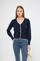 Damen-Strickjacke in Marineblau mit V-Ausschnitt, weißem Besatz und Knöpfen, langärmlig, klassischer Stil, für alle Jahreszeiten geeignet.