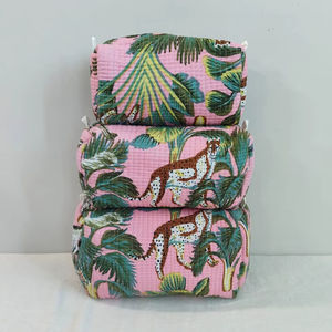 Set Of 3 Cotton Quilted <b>Makeup</b> <b>Bag</b> & Organizer Cotton Toiletry Case <b>Travel</b> <b>Bag</b> Jungle Print <b>Makeup</b> <b>Bag</b> Toiletries Organizer <b>Bag</b> - Product Image 1