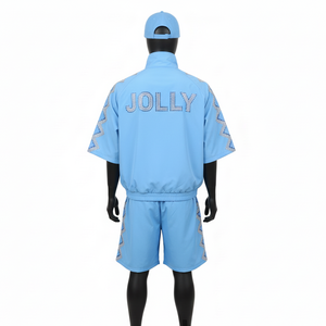 Ensemble de shorts coupe-vent en polyester de qualité supérieure, tissu léger, design à panneaux bleu ciel, logo en strass, ensemble de shorts coupe-vent pour hommes - Product Image 2