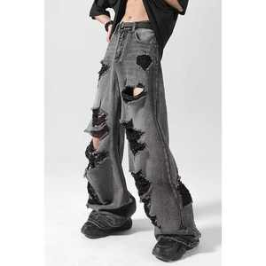 2024-25 hommes Vintage été en détresse jean américain Ins rue à la mode lâche jambe droite pantalon jambe large Style Y2K - Product Image 5