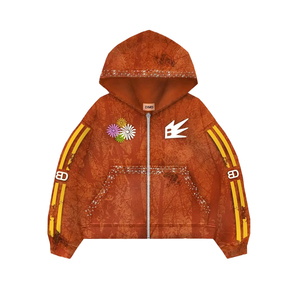 Sweat à capuche court zippé personnalisé avec impression intégrale, broderie vieillie, coupe ample, délavage acide et strass - Product Image 5