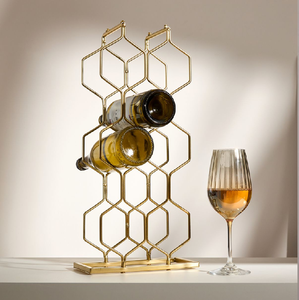 Geometric honeycomb gold wire <b>wine</b> <b>rack</b>. Stylish vertical countertop display. Available at wholesale prices. - Product Image 1