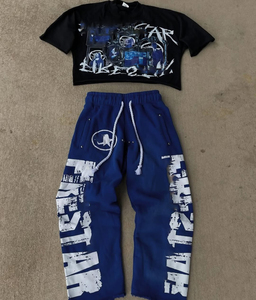 Conjunto de algodón de gran tamaño personalizado DTG estampado ácido lavado Flare pantalones de chándal camiseta conjunto para hombres - Product Image 6