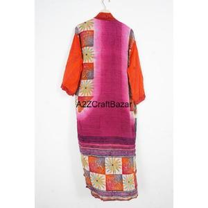 Robe kimono pour femmes, 100% soie, élégante, col en V, patchwork, manches longues, longueur totale, fermeture à cordon - Product Image 4