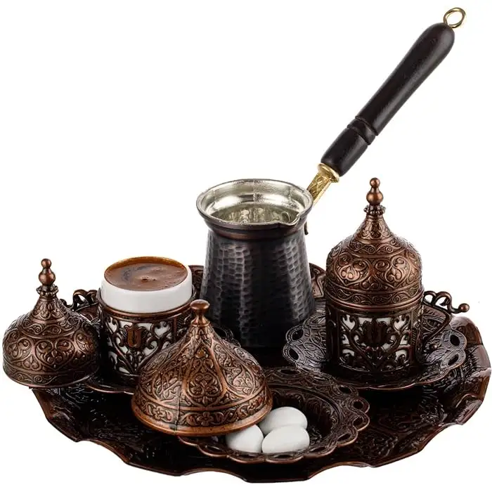 Nieuwste Ontwerp Traditionele Turkse Koffiepot Set Beste Kwaliteit Koperkleur Turkse Koffiepot Puur Koperen Pot