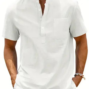 Chemise Henley en lin pour homme, col uni, manches courtes, fermeture pour le quotidien, les occasions professionnelles, les occasions formelles d'été, haut décontracté en taille XL - Product Image 3