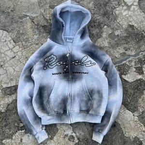 Sweat à capuche en molleton pour homme, style rétro streetwear, poids lourd, 100% coton, détails usés, fermetures éclair métalliques, broderie - Product Image 1