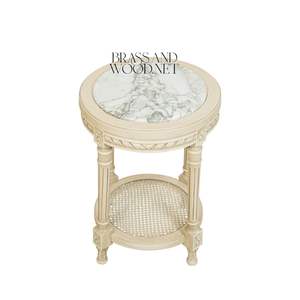 Mesa Auxiliar Redonda de Lujo con Tapa de Mármol Beige y Marco Calado Tallado a Mano en Oro Antiguo para Decoración Clásica de Esquinas - Product Image 1
