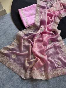 Sari de seda de gasa pura india de estilo Bollywood con hermosa secuencia de trabajo y pieza de blusa hermosa ropa de boda Sari - Product Image 2