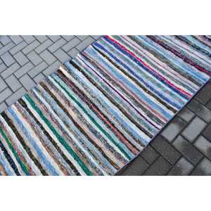 Alfombra de 3.2x9.4 pies, Alfombra Turca Vintage, Alfombra de Lana a Rayas Azul Verde - Product Image 5