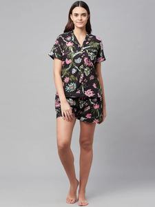 Ensemble de pyjama en coton imprimé floral pour femmes, col en V, manches courtes, fermeture à boutons, vêtements de nuit décontractés, poches, doux et respirant - Product Image 2