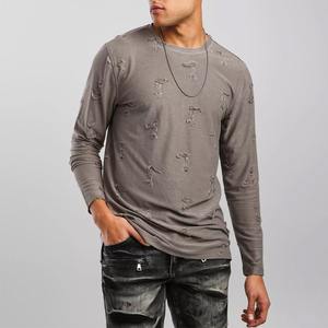 Loose Fit 100% Cotton Streetwear Camisa de manga larga de alta calidad Vintage Distressed Full Sleeve T-Shirt para hombres - Product Image 1