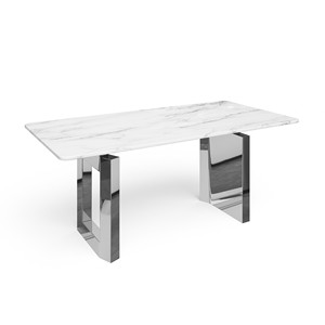 Mesa de Comedor Moderna de 180 cm con Base de Acero Inoxidable y Tapa de Mármol Blanca y Plateada, Estable para 6 Personas - Product Image 1