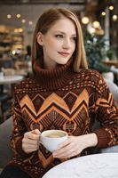 Pull en tricot élégant pour femme à motif ethnique, respirant, texture douce, col roulé, chic, vintage