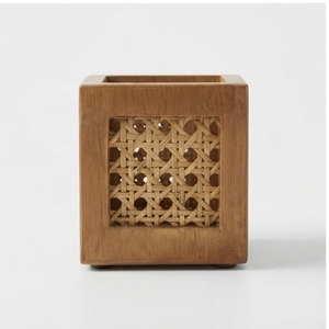 Boîte de rangement carrée en bois de manguier avec incrustation en rotin, design minimaliste, organisateur de table, petite capacité, écologique, léger - Product Image 3