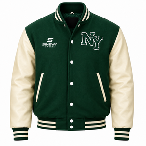 Chaqueta Varsity Verde para Hombre SINEWY SPORTS con Bordado de NY en las Mangas de Cuero, Estilo Preppy, Logotipo Frontal, para Invierno - Product Image 1