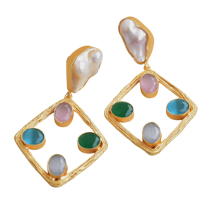 Boucles d'oreilles pendantes géométriques en laiton naturel, perle d'eau douce, pierre naturelle, finition laiton satiné, sans nickel, durables, qualité export en vrac - Product Image 1