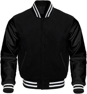 Chaquetas universitarias bordadas personalizadas Cuello alto deportivo con cierre de botón a presión Mangas de cuero de cuerpo de lana OEM para equipo universitario - Product Image 1