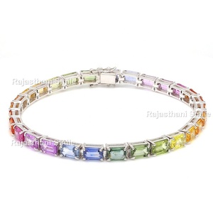 Bracelet de tennis en or blanc massif saphir arc-en-ciel naturel 14K pierre précieuse taille émeraude 6x4mm taille de pierre cadeau de mariage de style tendance - Product Image 1