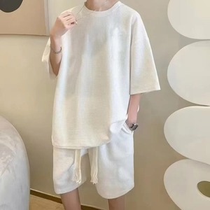 ชุดโมเดิร์นบุรุษขนาดใหญ่สองชิ้นชุดสีบริสุทธิ์ O คอแขนสั้นเสื้อยืดและกางเกงขาสั้นวาฟเฟิลชุดผู้ชายฤดูร้อน - Product Image 5