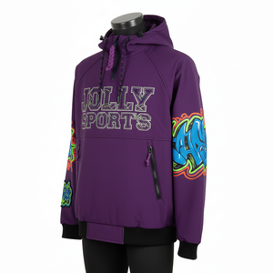 Chaqueta softshell premium para hombre en morado intenso con paneles de manga con arte de grafiti y bordado de logotipo personalizado completo, estilo casual. - Product Image 4