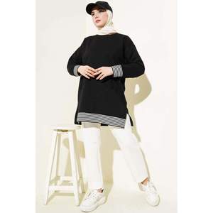 Tunique Rayée Côtelée à Poches Kangourou Noir - Product Image 4