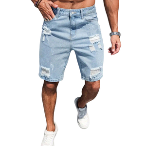Pantalones Cortos de Mezclilla para Hombre, Color Azul Claro, Transpirables, Lavados, Desgastados, de Algodón, Corte Recto, Rasgados, Casuales, de Verano, con Cinco Bolsillos, Botones y Cierre - Product Image 1