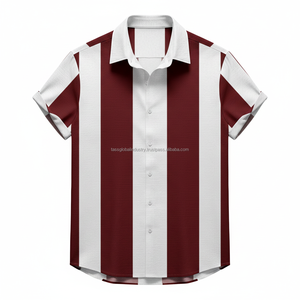 Camisa Casual de Verano para Hombre, Color Granate y Blanco, Cuello Cubano, Transpirable, Estilo Retro, con Botones - Product Image 1