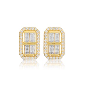 Rectangle Round and Baguette Stone Trendy <b>Back</b> <b>Earrings</b> Turkish Handmade Wholesale 925 Sterling <b>Silver</b> Jewelry - Product Image 3