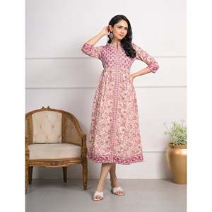 Robe en coton violette à manches longues, style Aline, imprimé crème - Product Image 4