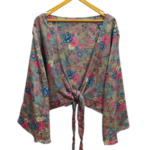 Woman's Clothing Luxury Soft <b>Top</b> Silk Bell <b>Sleeve</b> Blouse, Paisley Floral Wrap Crop <b>Top</b> Jacket, Gift For Her Indian Short <b>Top</b> - Product Image 1