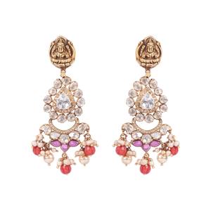 TrendyGajaah 925 <b>Sterling</b> <b>Silver</b> "Mahalakshmi" Antique Gold Chandbalis with Red <b>Pearls</b> & Coral Drops For Women - Product Image 2