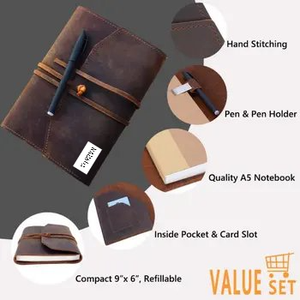 Refillable Leather Journal Writing <b>Notebook</b> - Lay Flat <b>Blank</b> Notepad 100 Sheets, Handmade Leather Bound Diary with Inner Pockets - Product Image 5