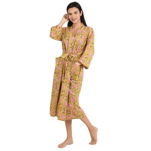 Boho Chic Cotton <b>Kimono</b> Hand-Printed Floral Motif Luxury Lightweight Summer <b>Beach</b> Vacation Robe Women's Sleepwear - Product Image 6