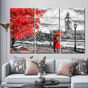 Obra de arte impresa en lienzo: Elegante paraguas rojo en un paisaje moderno, 3P: Enmarcado tipo galería - Product Image 1