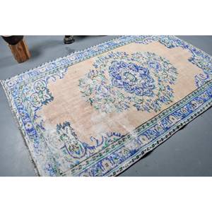 Alfombra turca Vintage Beige Azul 5,3 X 8.2ft Pelo de felpa hecho a mano Altura Forma rectangular Tabriz Patchwork Lana Poliéster Látex - Product Image 2