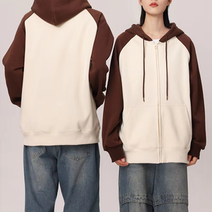 Haute qualité hommes femmes contraste manches fermeture éclair polaire coupe-vent à capuche personnalisé imprimé avant hiver automne manteau ample Couple - Product Image 1