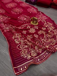 Presentamos el Sari de Georgette CxC Puro con un Lujoso Estampado Bandhani y un Moderno Trabajo Pesado de Estilo Bengalí - Product Image 3