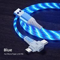 Popular 3 en 1 LED que fluye Cable cargador de Luz 1M/3,3 pies Micro USB tipo C IOS iPhone para dispositivos Samsung Android El mejor regalo