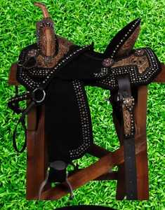Hand <b>Tooled</b> <b>Leather</b> Western Horse Saddle For Trail Riding Ranch <b>Work</b> Equestrian Use Studded Pattern With Comfortable Seat - Product Image 3